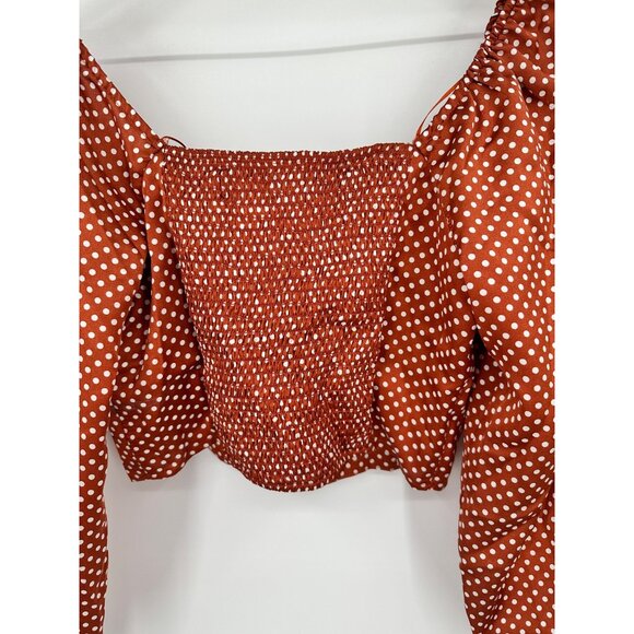 Code X Mode Crop Top Women Medium Copper Polka Dot Satin Long Sleeve Smocked - Picture 6 of 10